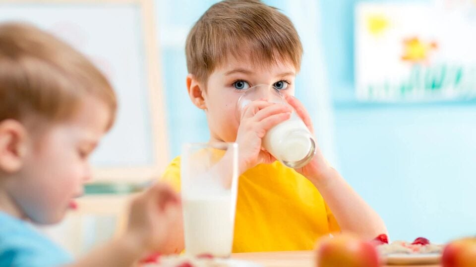 dos niuños toman leche y cereal